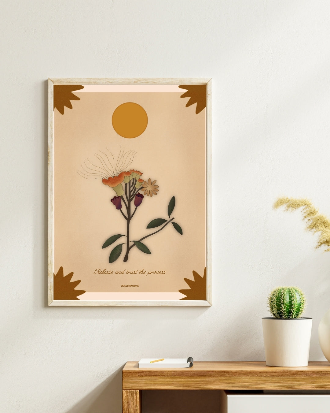 Póster motivacional con diseño místico de flores silvestres para decorar rincones de meditación o salones modernos.