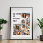 Póster personalizado con 7 fotos de verano y marco negro elegante ideal para regalar en un aniversario.