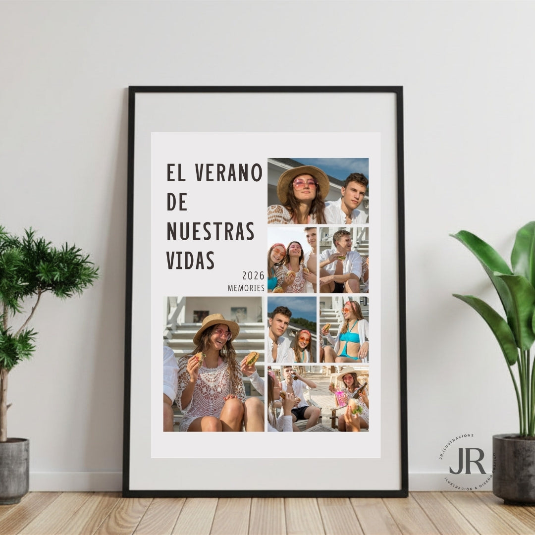 Póster personalizado con 7 fotos de verano y marco negro elegante ideal para regalar en un aniversario.