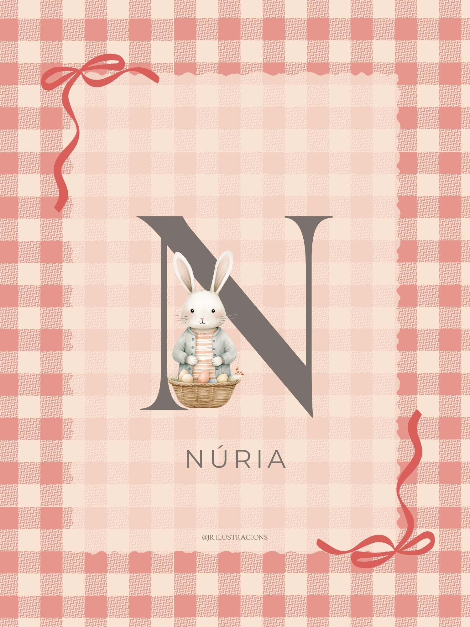 Póster personalizado para recién nacido con la inicial N de Nuria y fondo de cuadros rosas.