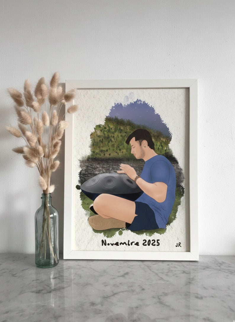 Póster personalizado de viaje con ilustración de pareja contemplando el paisaje de montaña.