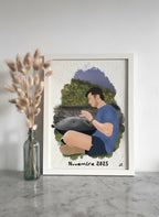 Póster personalizado de viaje con ilustración de pareja contemplando el paisaje de montaña.