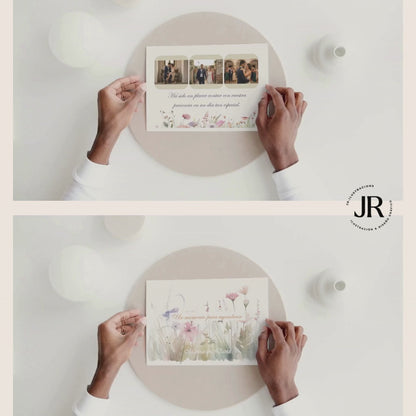 Muestra en vídeo de tarjetas de agradecimiento de boda impresas a doble cara con fotos de los novios y flores silvestres en acuarela de la Colección Silvestre.