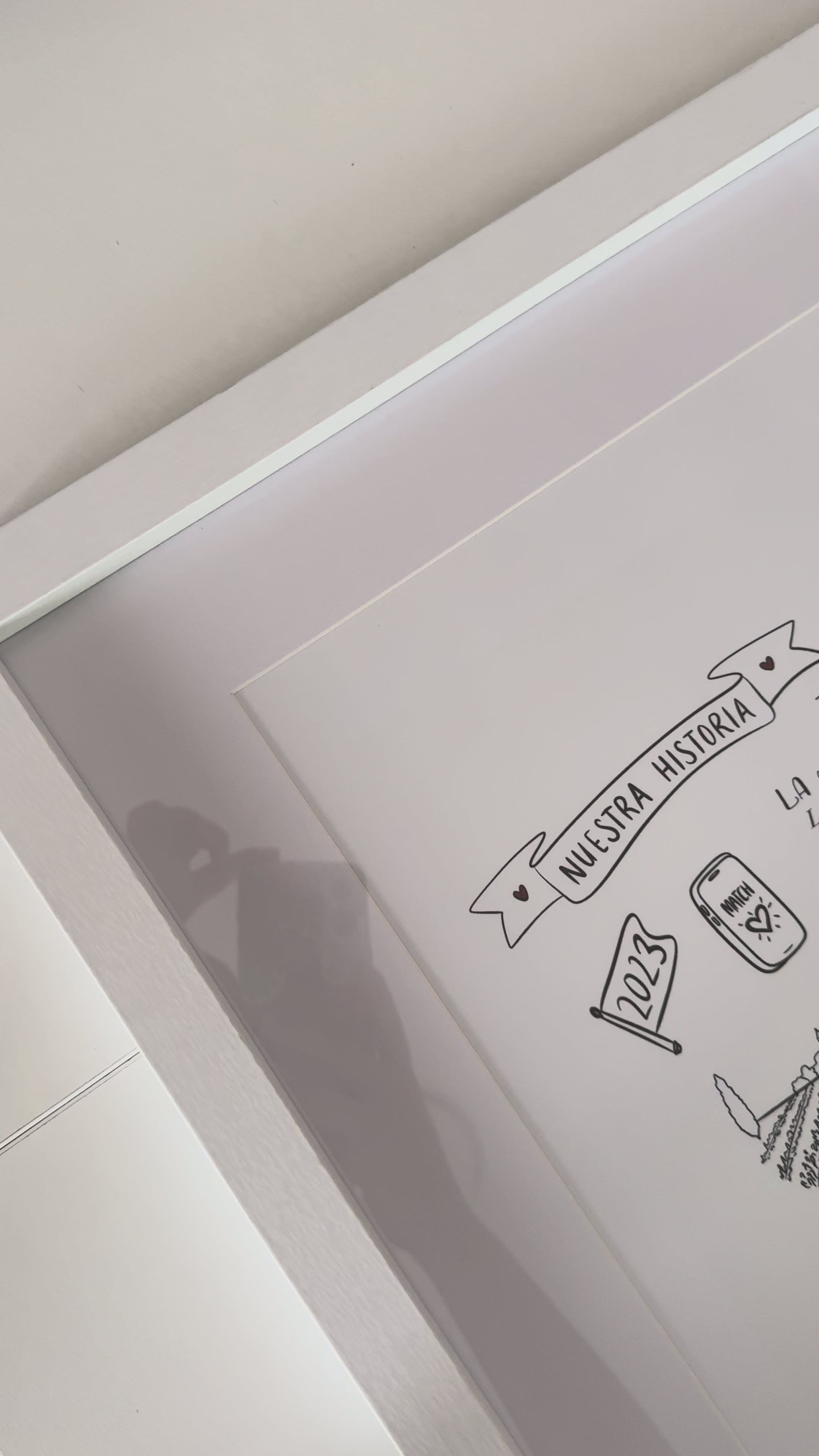 Mapa ilustrado estilo doodle con ciudades, mapas y lugares de viaje en cuadro enmarcado blanco.