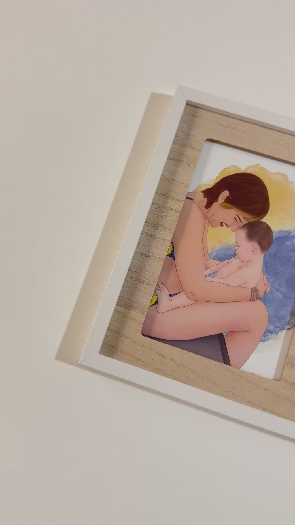 Detalle en vídeo de la calidad de impresión de las láminas de acuarela personalizadas en marco blanco.
