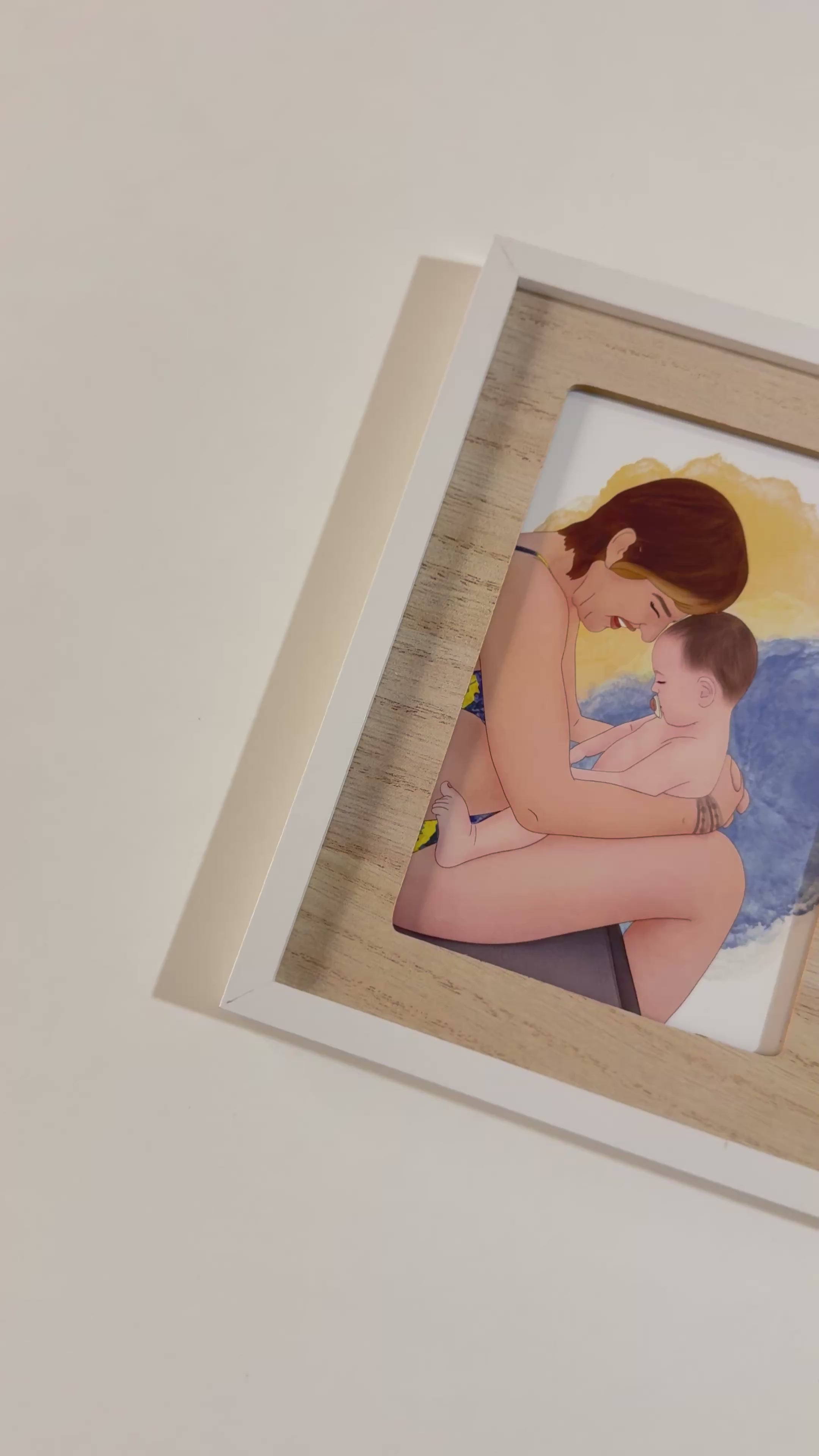 Detalle en vídeo de la calidad de impresión de las láminas de acuarela personalizadas en marco blanco.