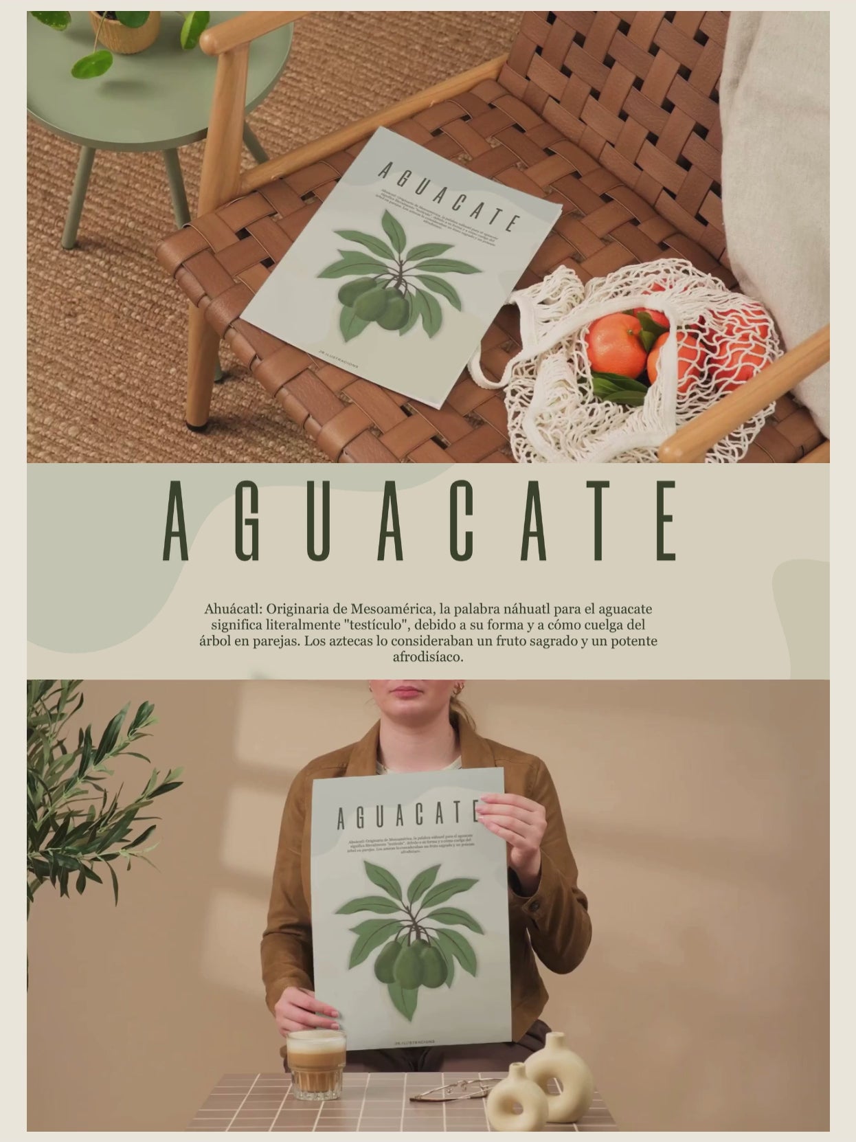 Cuadro de aguacate con marco de madera clara de estilo boho chic colocado sobre un mueble de salón.