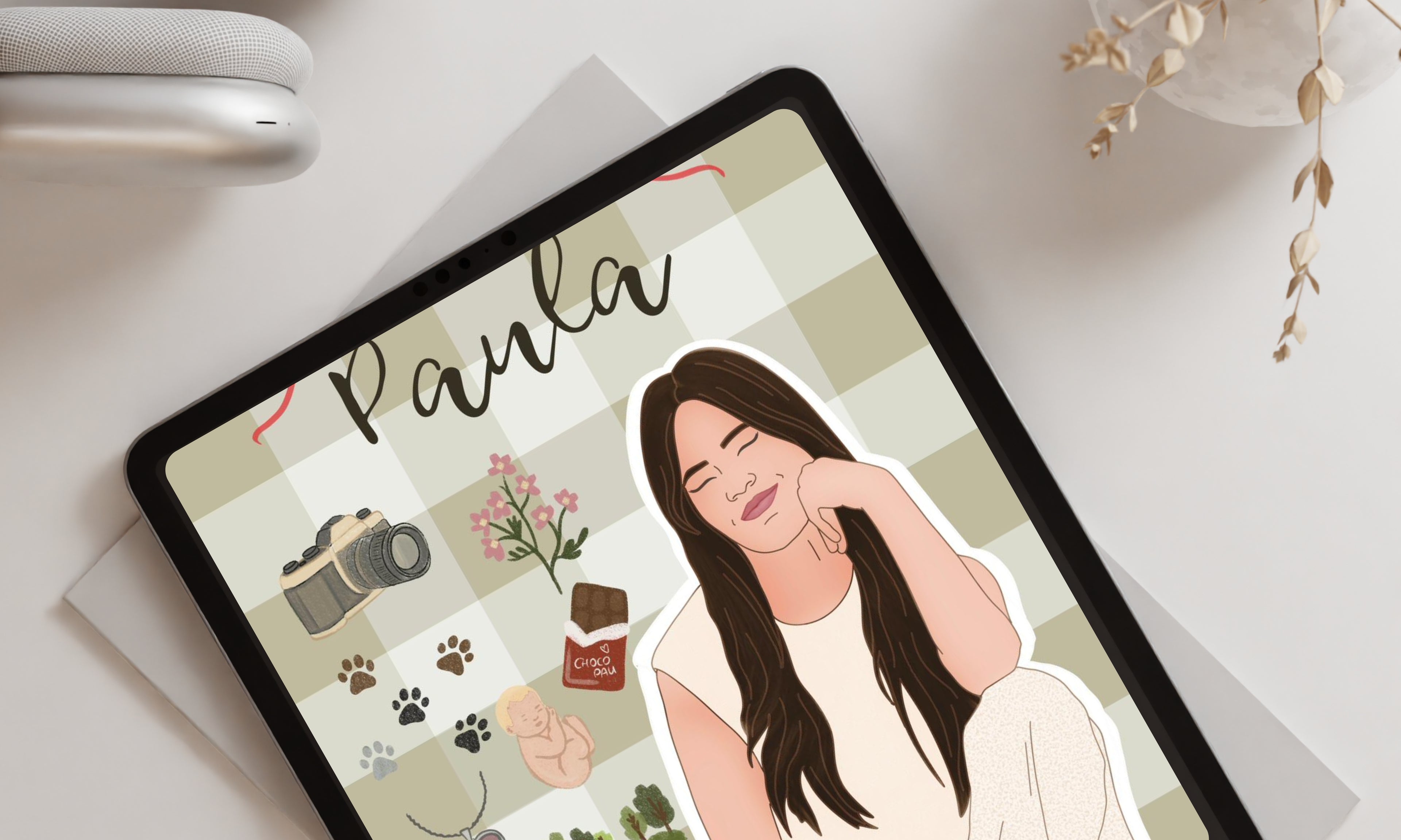 Proceso de diseño digital de un retrato personalizado con fondo de cuadros y pasiones del cliente.