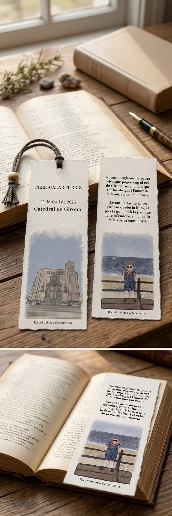 Puntos de libro artesanales personalizados con ilustración para recuerdos de comunión y eventos.