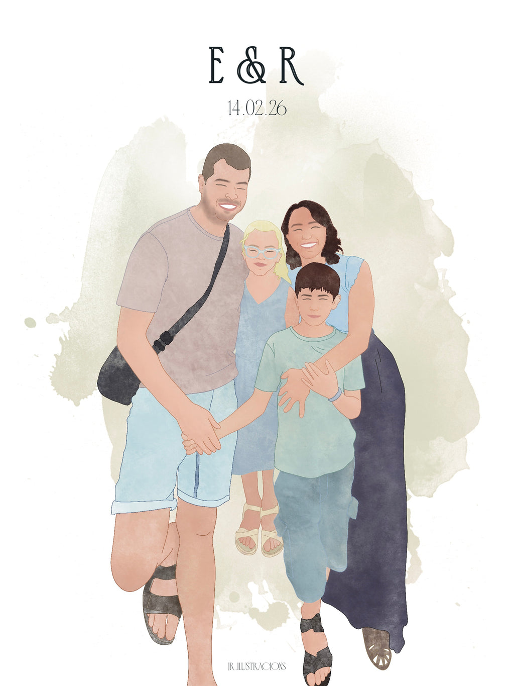 Recuerdo ilustrado familiar personalizado de espaldas para regalar en eventos entrañables.