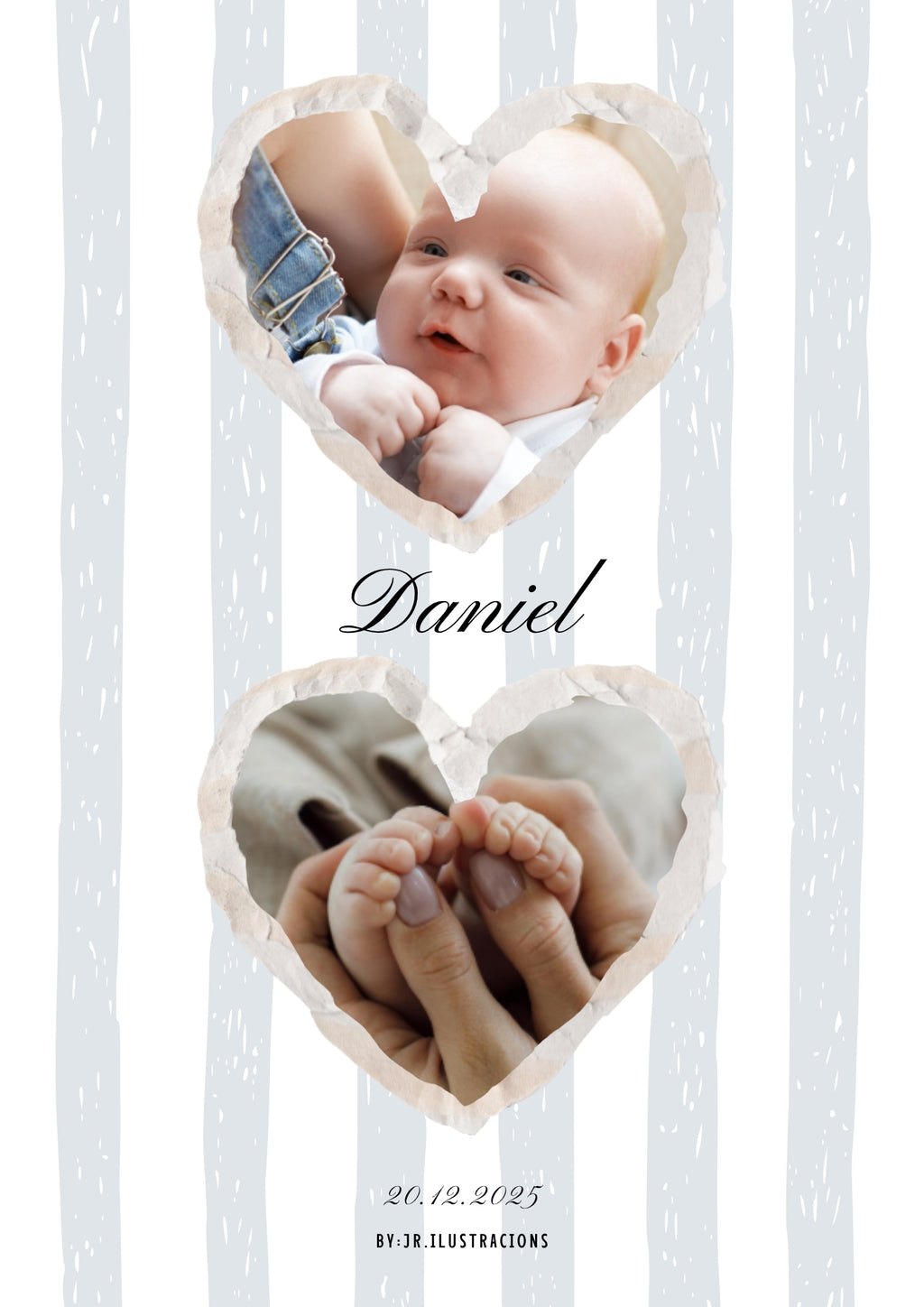 Diseño de recuerdo de nacimiento personalizado con fondo de rayas azules y dos fotos en forma de corazón.