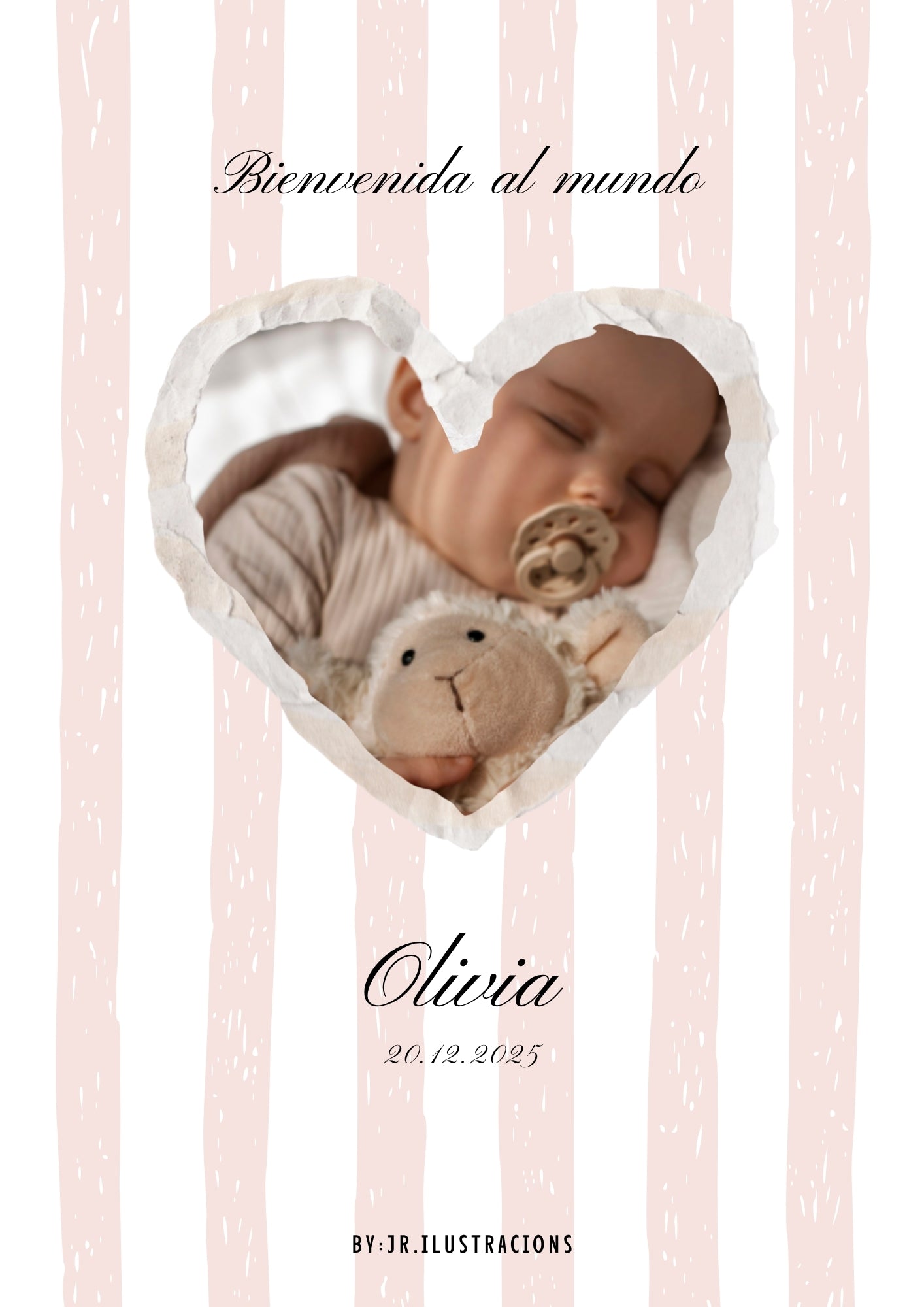Diseño de recuerdo de nacimiento para niña con fondo de rayas rosa suave y foto personalizada.