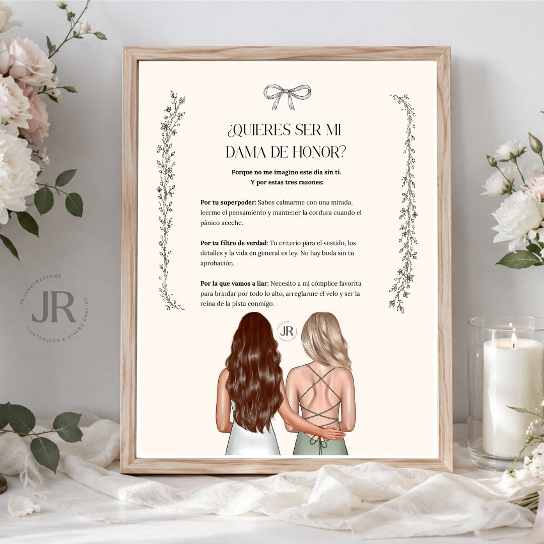 Lámina personalizada de boda en marco de madera: "¿Quieres ser mi dama de honor?" con ilustración detallada de dos amigas de espaldas, lazo y texto emotivo.