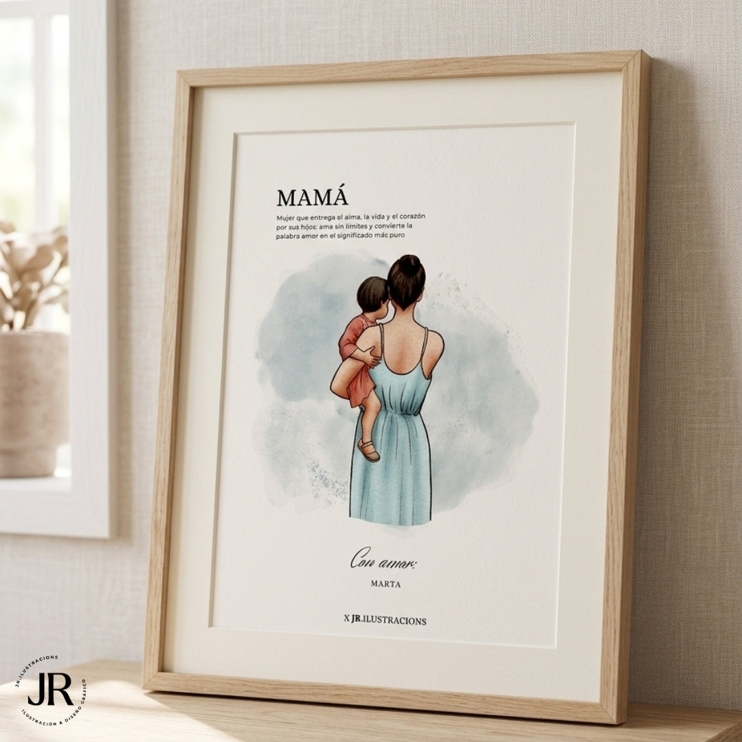 Regalo original para mamás con ilustración de madre e hijo enmarcado en madera clara natural.