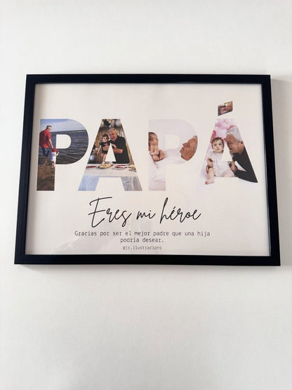 Regalo personalizado para abuelas con fotos de sus nietos organizadas en letras elegantes.