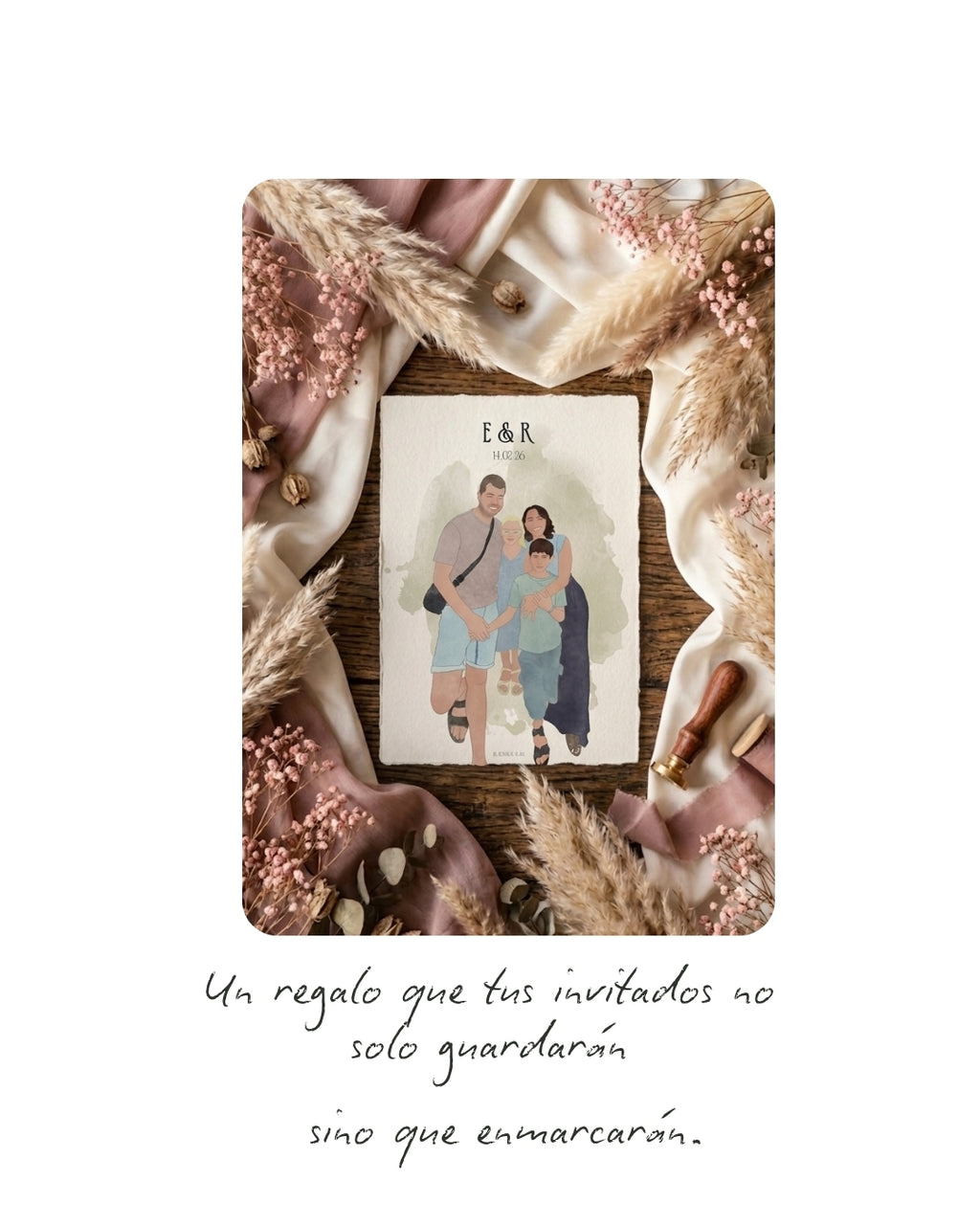 Regalo personalizado para invitados de bautizo o comunión con ilustración familiar en miniatura.