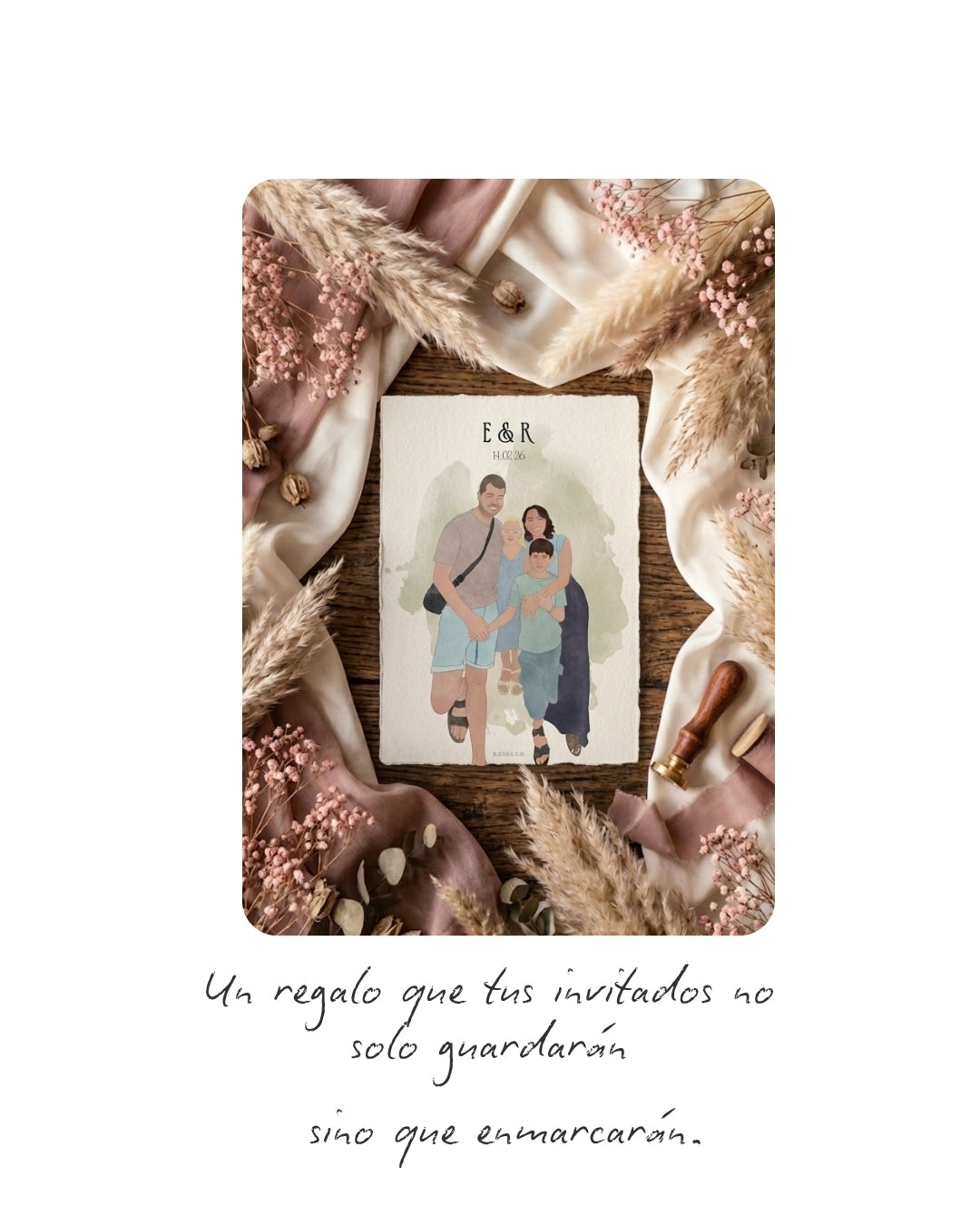 Regalo personalizado para invitados de bautizo o comunión con ilustración familiar en miniatura.