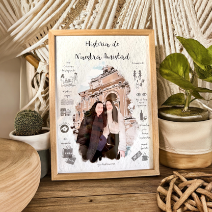 Detalle de regalo para San Valentín con cuadro de madera e infografía romántica personalizada.