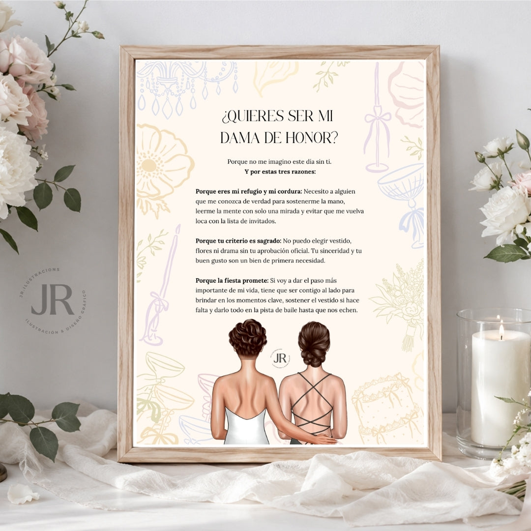 Regalo personalizado para testigo de boda: lámina ilustrada con texto "¿Quieres ser mi testigo?" y dos figuras femeninas de espaldas en marco de madera decorado con flores silvestres.