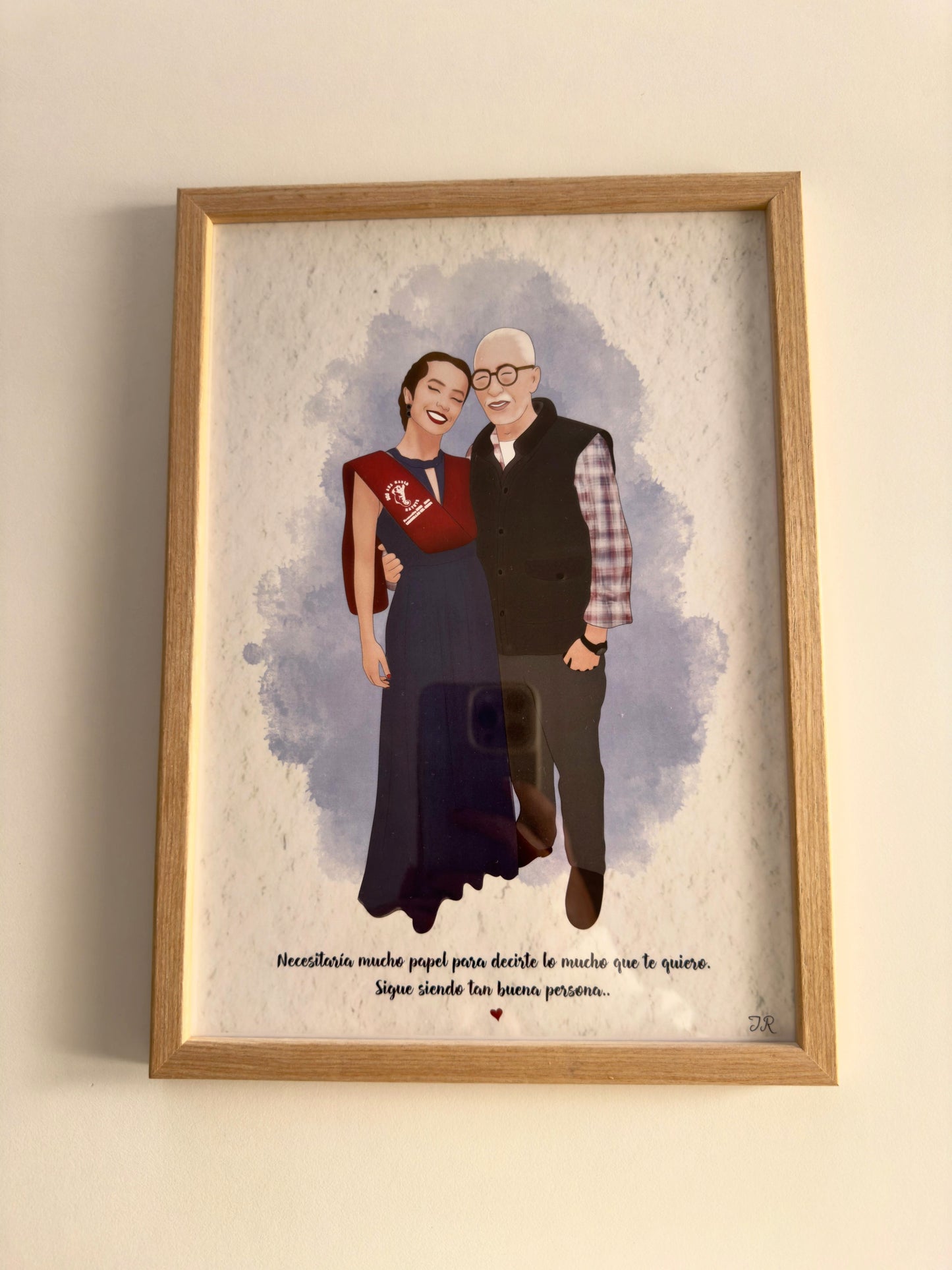 Retrato personalizado para novios estilo aesthetic enmarcado en madera clara de JR.Ilustracions.