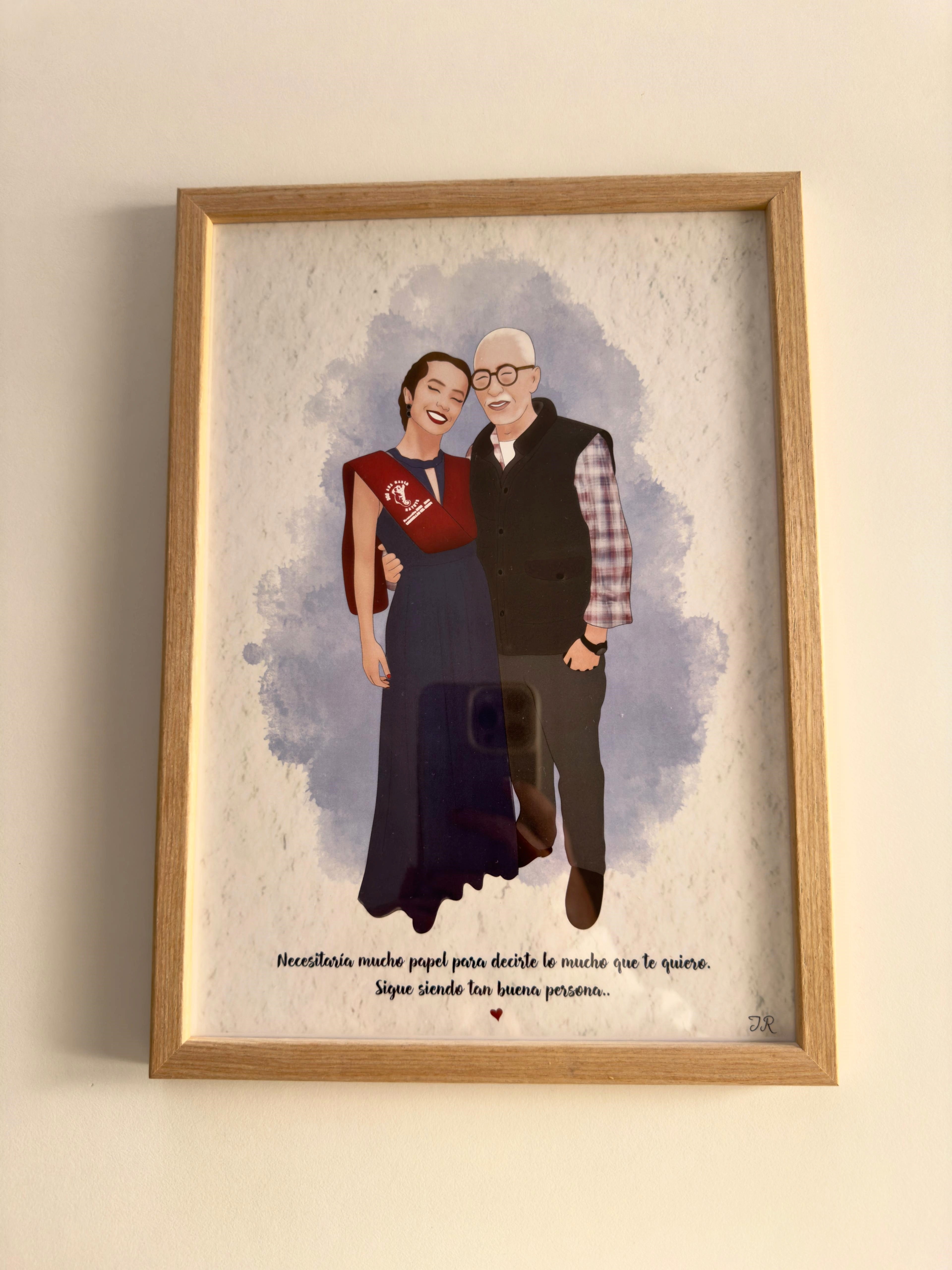 Retrato personalizado para novios estilo aesthetic enmarcado en madera clara de JR.Ilustracions.