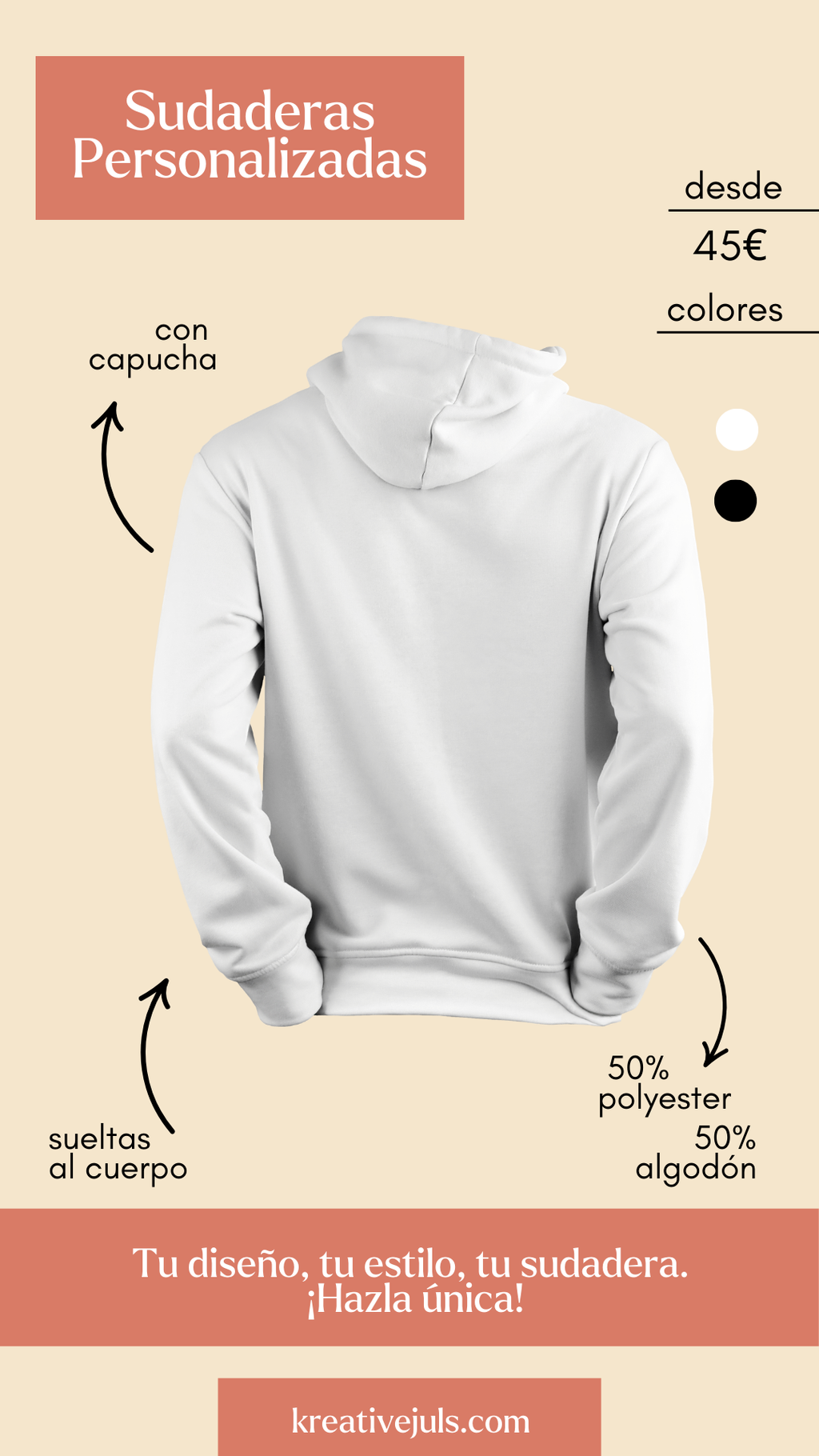 Sudadera blanca personalizada ideal para bordar retratos minimalistas en la espalda.