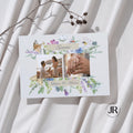 Tarjeta de agradecimiento de boda personalizada de la Colección Flores Silvestre con fotografía de los novios e ilustración botánica de acuarela morada.