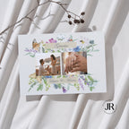 Tarjeta de agradecimiento de boda personalizada de la Colección Flores Silvestre con fotografía de los novios e ilustración botánica de acuarela morada.