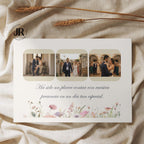 Tarjeta de agradecimiento de boda Colección Flores de Primavera con composición de tres fotografías y flores de acuarela pastel.