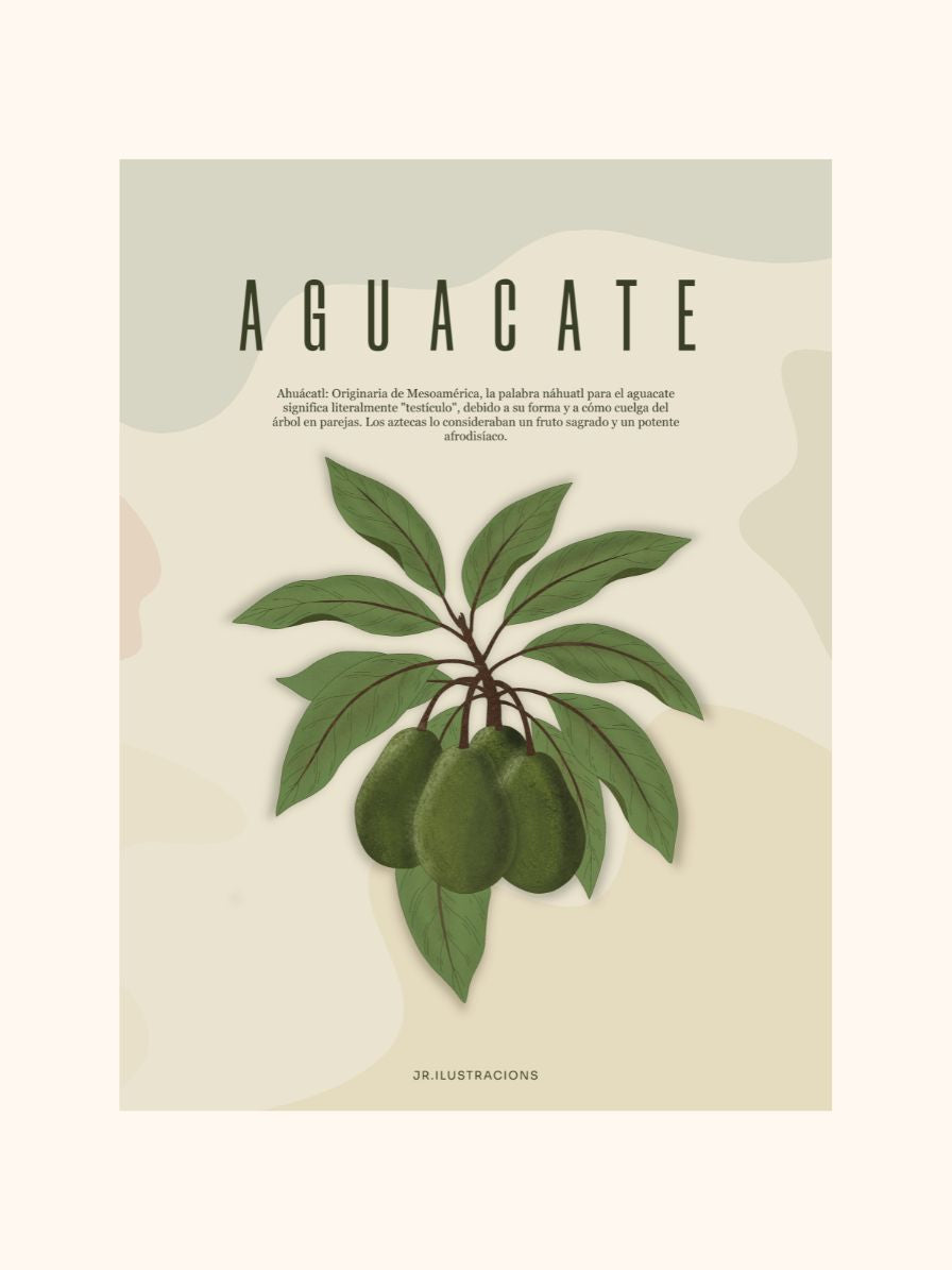 Detalle del texto con el significado e historia de la planta en la lámina de aguacate decorativa.