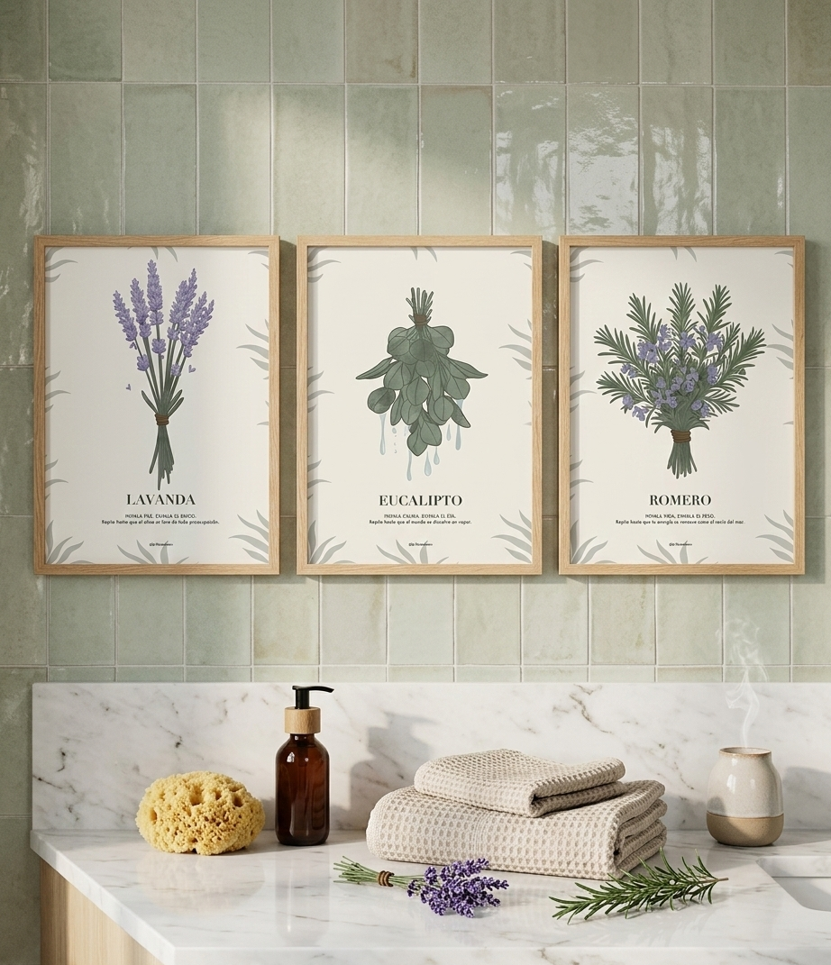 Tríptico de cuadros con ilustraciones de hierbas aromáticas para colgar en cocinas o aseos modernos.