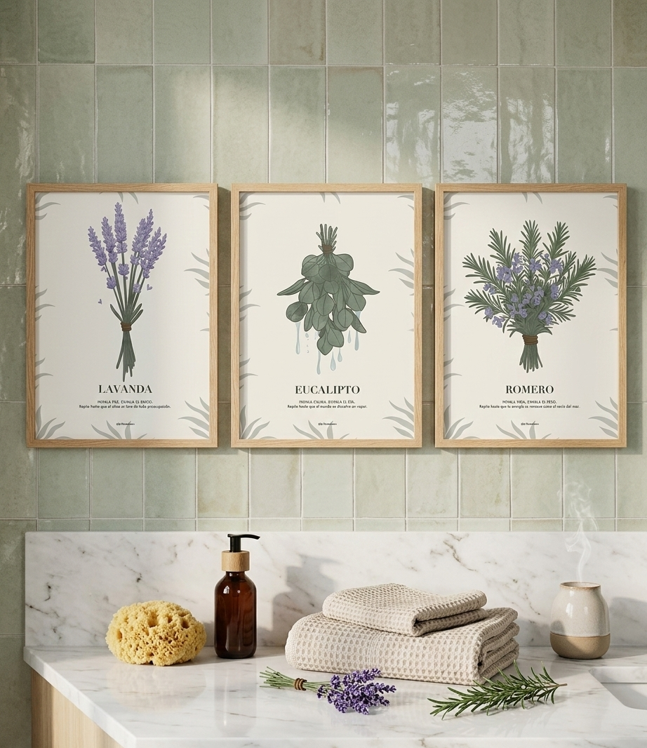 Tríptico de láminas botánicas con ilustraciones de plantas medicinales y marcos de madera clara de JR.Ilustracions.