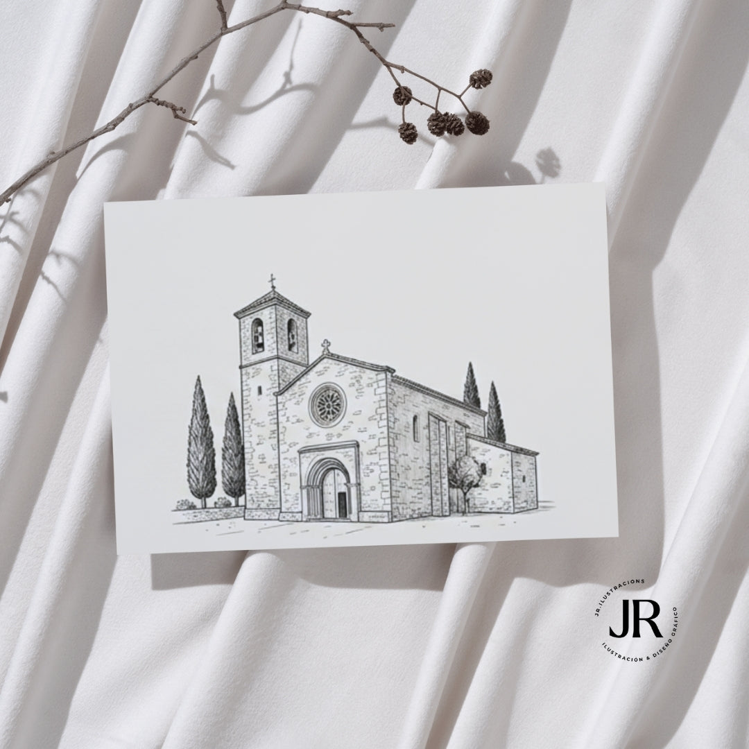 Invitación de boda con sobre texturizado que muestra la ilustración arquitectónica de una iglesia dibujada a plumilla digital.