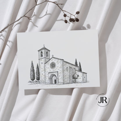 Invitación de boda con sobre texturizado que muestra la ilustración arquitectónica de una iglesia dibujada a plumilla digital.